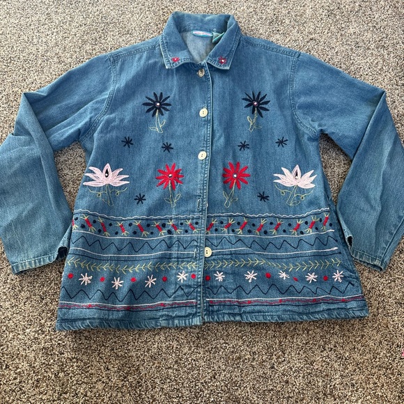 Jackets & Blazers - Vintage 80s 90s retro girly Denim Embroidered Floral button down shirt - Blue